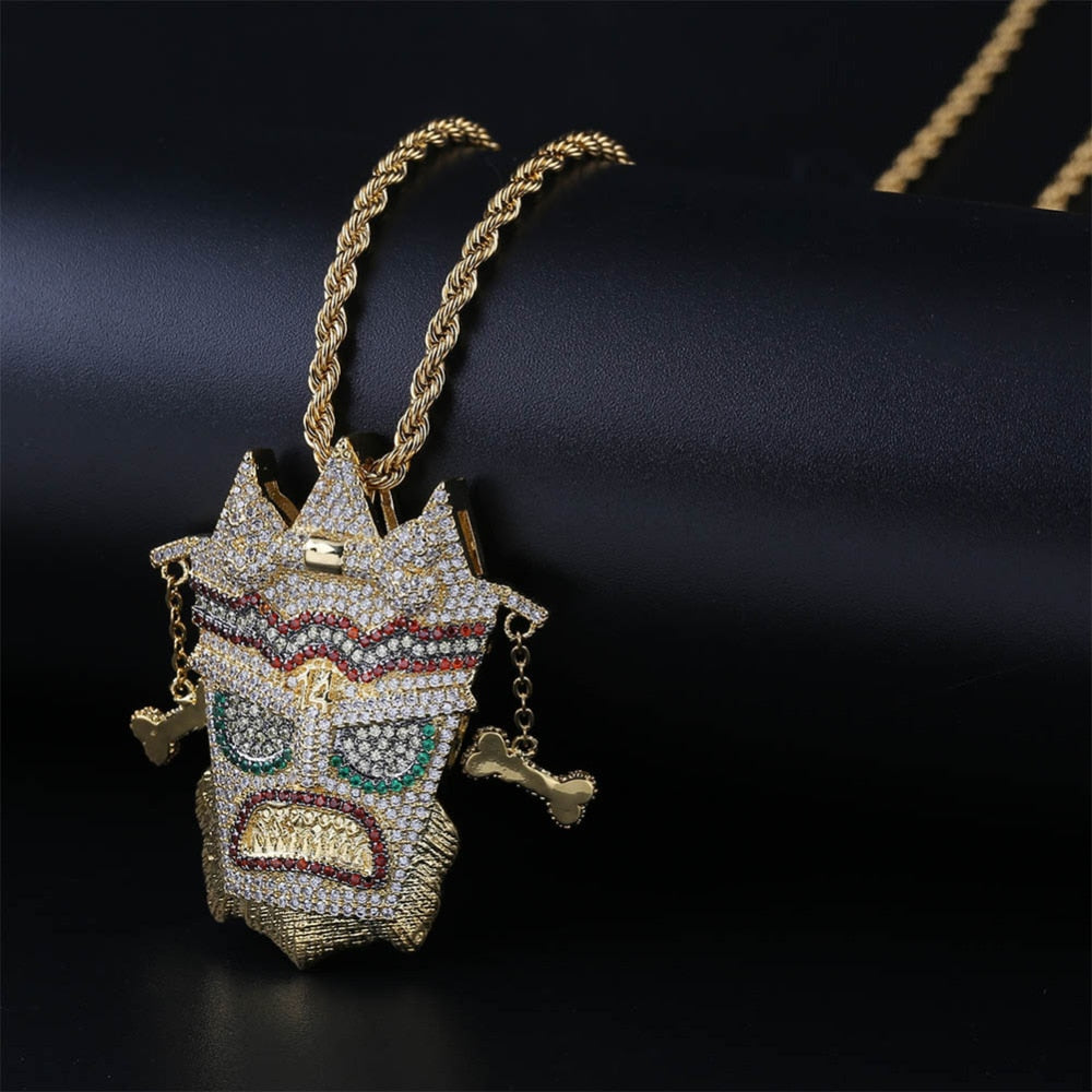 Uka Uka Mask Cubic Zirconia Gold-Plated Stainless Steel Hip-Hop Pendant Necklace-Necklace-Innovato Design-Gold-Cuban Chain-30 inch-Innovato Design