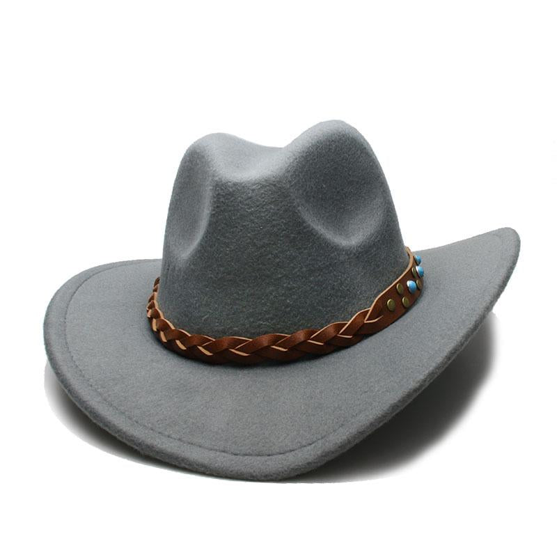 Cowboy Hat Fedora with Turquoise Beads and Faux Leather Braid Band-Hats-Innovato Design-Gray-Innovato Design