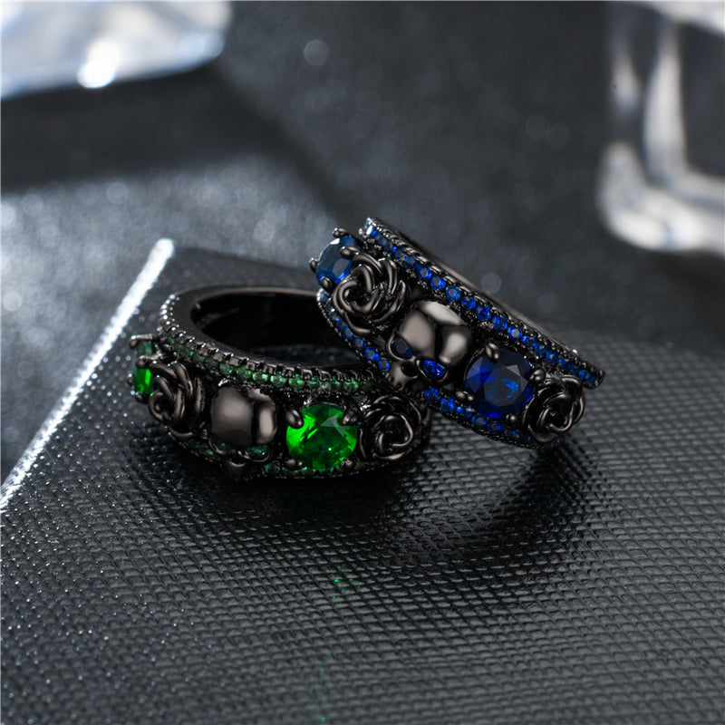 Skull, Flower, and Cubic Zirconia Punk Engagement Ring-Rings-Innovato Design-5-Blue-Innovato Design