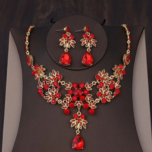 Baroque Gold, Rhinestone and Vintage Red Crystal Tiara, Necklace & Earrings Wedding Jewelry Set-Jewelry Sets-Innovato Design-Innovato Design