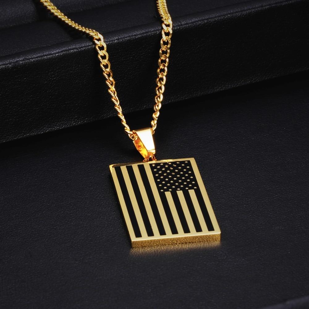 Flat Metallic USA Flag Pendant with Chain Necklace-Necklaces-Innovato Design-Gold & Black-20 Inches-Innovato Design