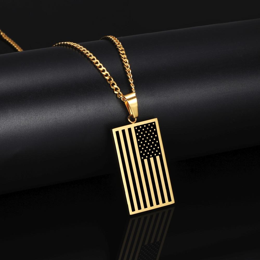 Flat Metallic USA Flag Pendant with Chain Necklace-Necklaces-Innovato Design-Gold & Black-20 Inches-Innovato Design