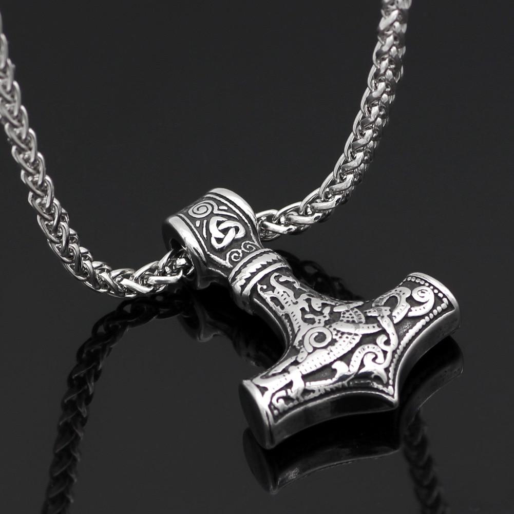 Thor's Hammer Amulet Pendant Necklace with Leather or Stainless Steel Chain-Necklaces-Innovato Design-Stainless Steel-Innovato Design