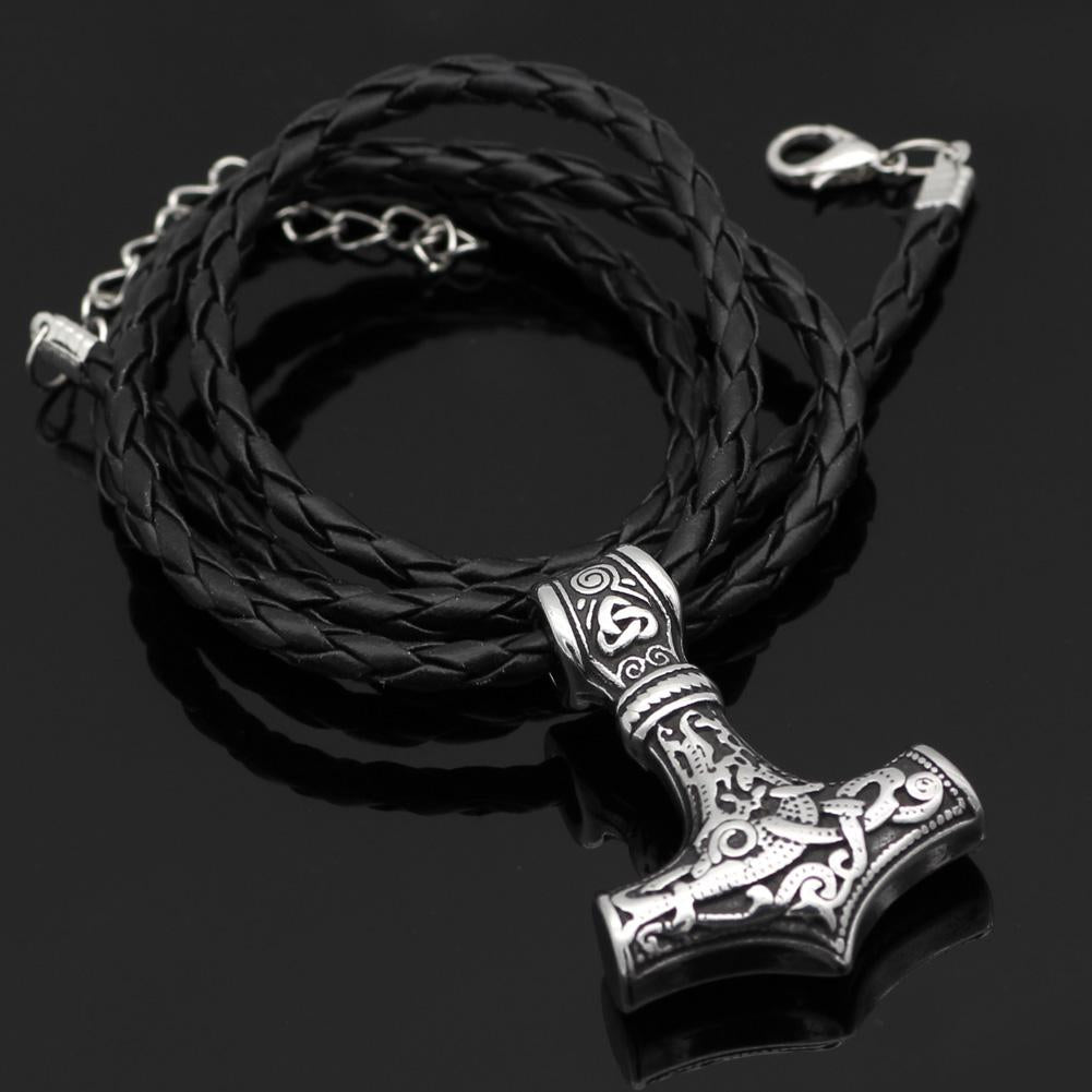 Thor's Hammer Amulet Pendant Necklace with Leather or Stainless Steel Chain-Necklaces-Innovato Design-Stainless Steel-Innovato Design