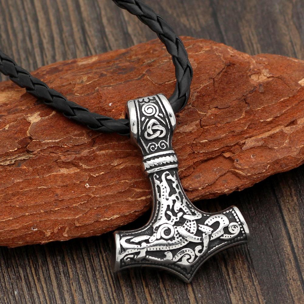 Thor's Hammer Amulet Pendant Necklace with Leather or Stainless Steel Chain-Necklaces-Innovato Design-Stainless Steel-Innovato Design