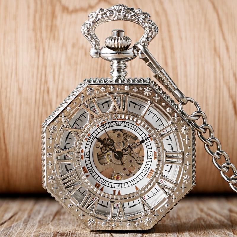Silver Octagon Pocket Watch with Roman Numeral Carvings and Visible Gear Skeleton-Pocket Watch-Innovato Design-Innovato Design
