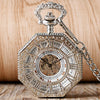 Silver Octagon Pocket Watch with Roman Numeral Carvings and Visible Gear Skeleton - InnovatoDesign