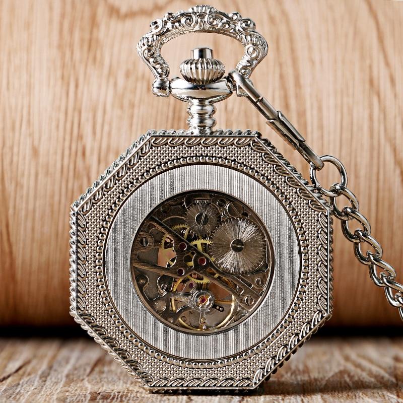 Silver Octagon Pocket Watch with Roman Numeral Carvings and Visible Gear Skeleton-Pocket Watch-Innovato Design-Innovato Design