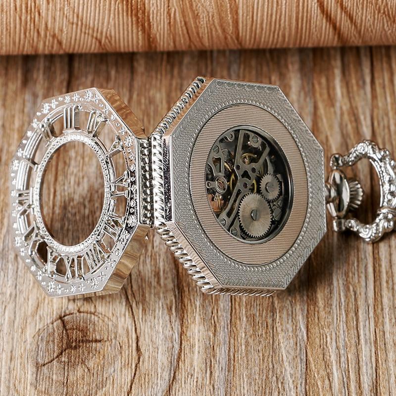 Silver Octagon Pocket Watch with Roman Numeral Carvings and Visible Gear Skeleton-Pocket Watch-Innovato Design-Innovato Design