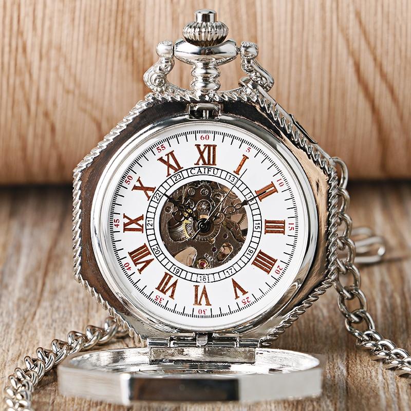 Silver Octagon Pocket Watch with Roman Numeral Carvings and Visible Gear Skeleton-Pocket Watch-Innovato Design-Innovato Design