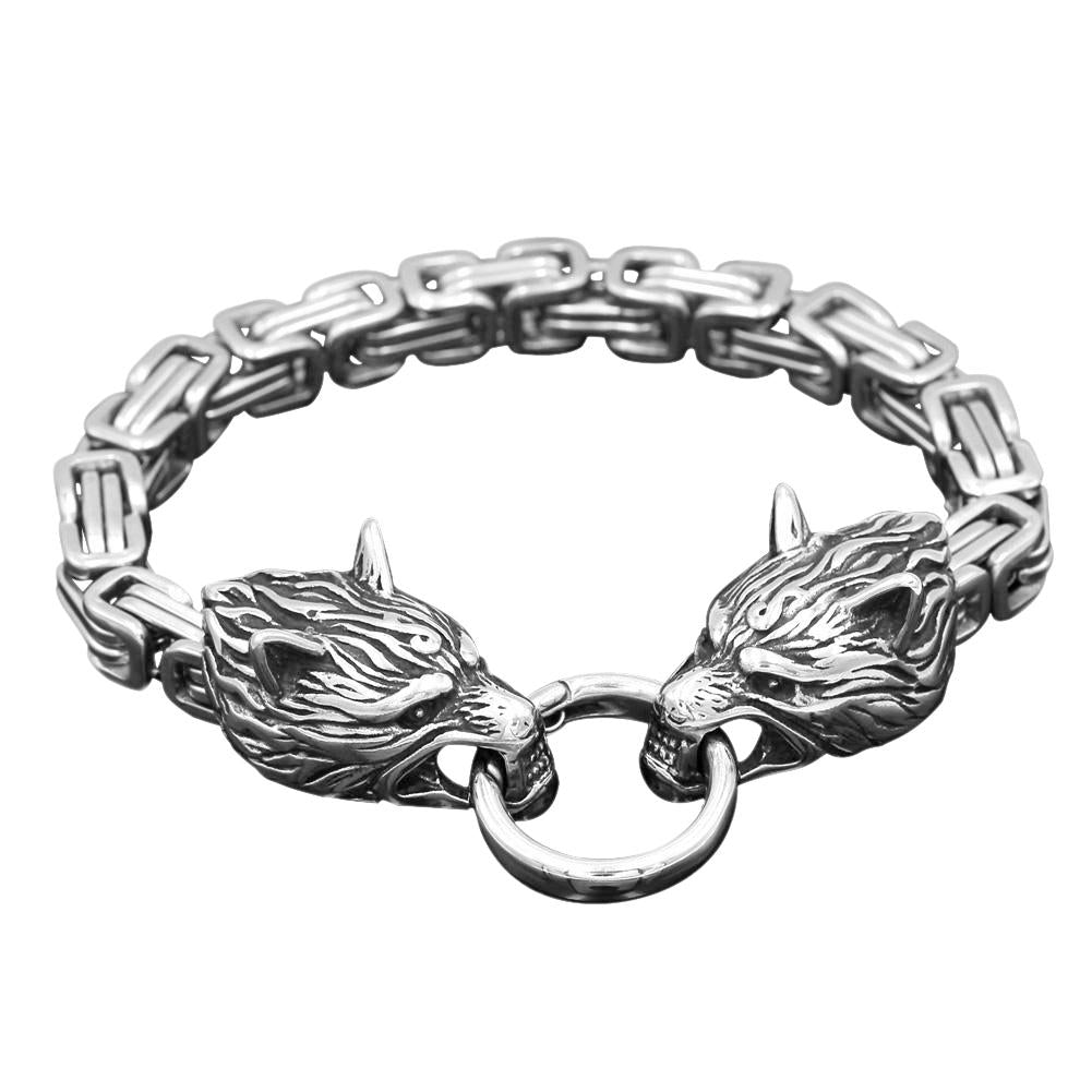 Norse Wolf Heads Viking Bracelet with Byzantine Chain-Bracelets-Innovato Design-6.7-Innovato Design