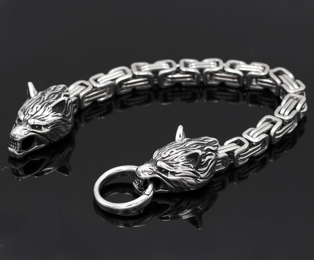 Norse Wolf Heads Viking Bracelet with Byzantine Chain-Bracelets-Innovato Design-6.7-Innovato Design