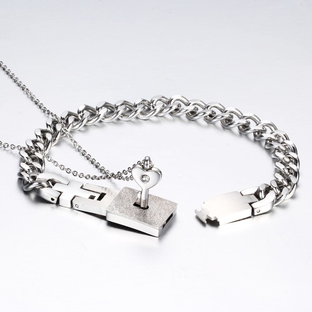 Love Lock and Key Stainless Steel Necklace & Bracelet Couple Jewelry Set-Jewelry Sets-Innovato Design-Innovato Design