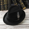 Black Wool Fedora Trilby Hat with White-spotted Black Feather in Hatband