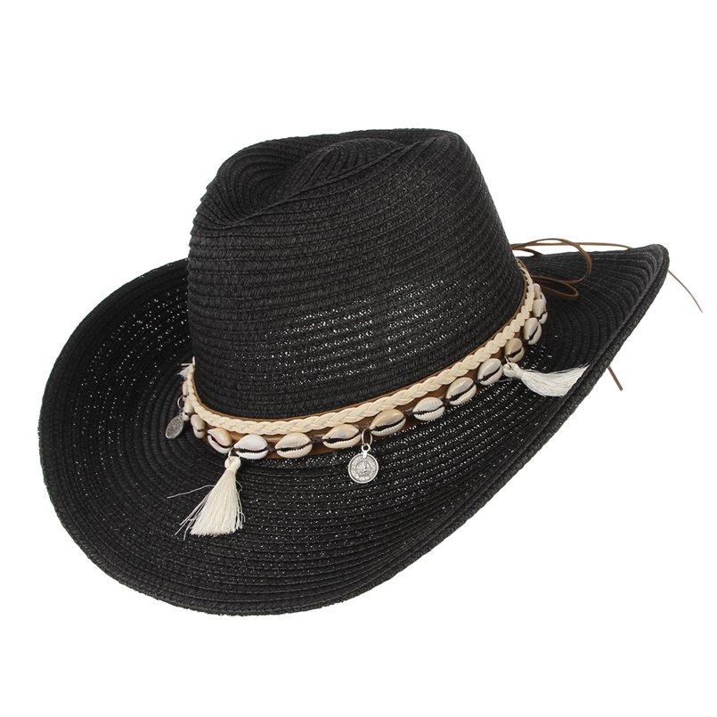 Tasseled Sea Shell Summer Cowboy Hat with Charms-Hats-Innovato Design-Black-Innovato Design
