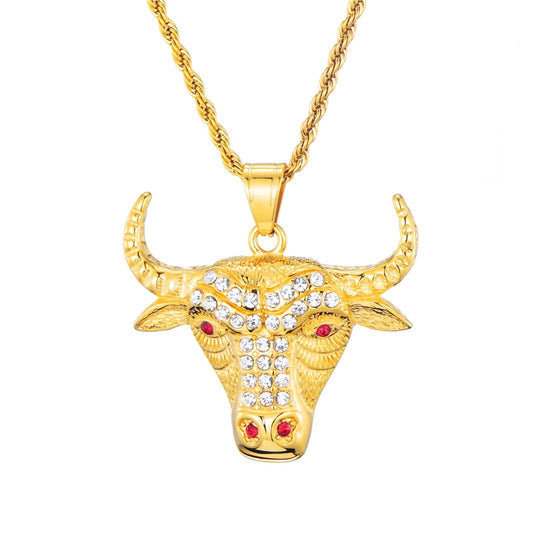 Micro Paved Rhinestone-Studded Gold-Plated Bull Head Bling 316L Stainless Steel Hip-hop Pendant Necklace-Necklaces-Innovato Design-Innovato Design
