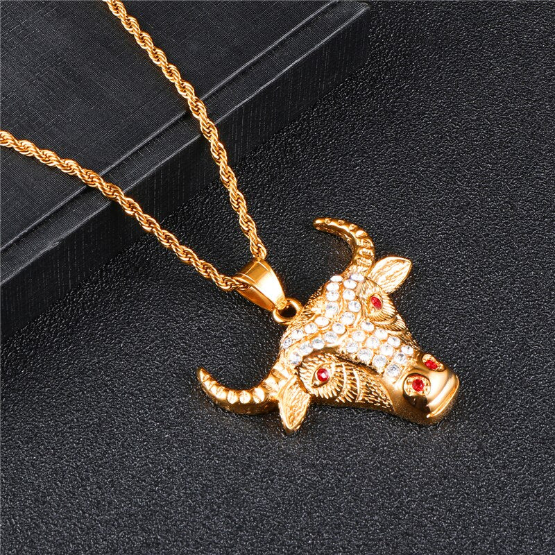 Micro Paved Rhinestone-Studded Gold-Plated Bull Head Bling 316L Stainless Steel Hip-hop Pendant Necklace-Necklaces-Innovato Design-Innovato Design