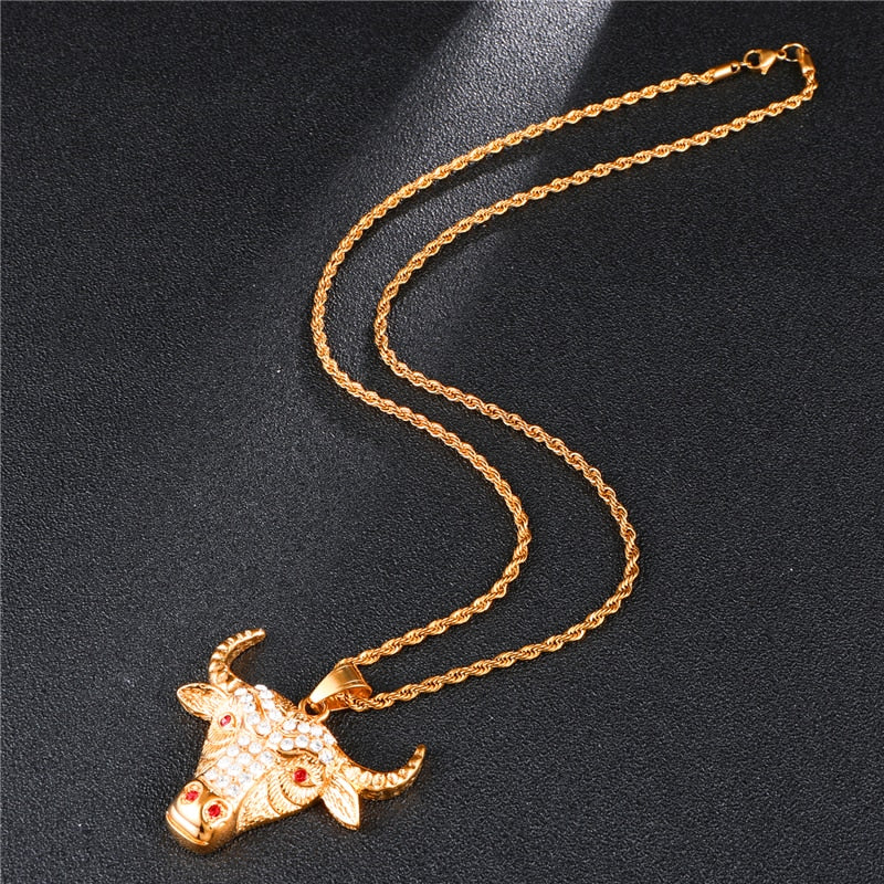 Micro Paved Rhinestone-Studded Gold-Plated Bull Head Bling 316L Stainless Steel Hip-hop Pendant Necklace-Necklaces-Innovato Design-Innovato Design