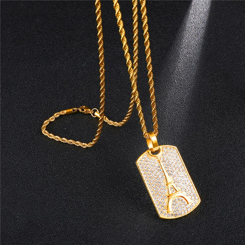 Rhinestone-Studded Eiffel Tower Bling 316L Stainless Steel Hip-hop Pendant Necklace-Necklaces-Innovato Design-Innovato Design