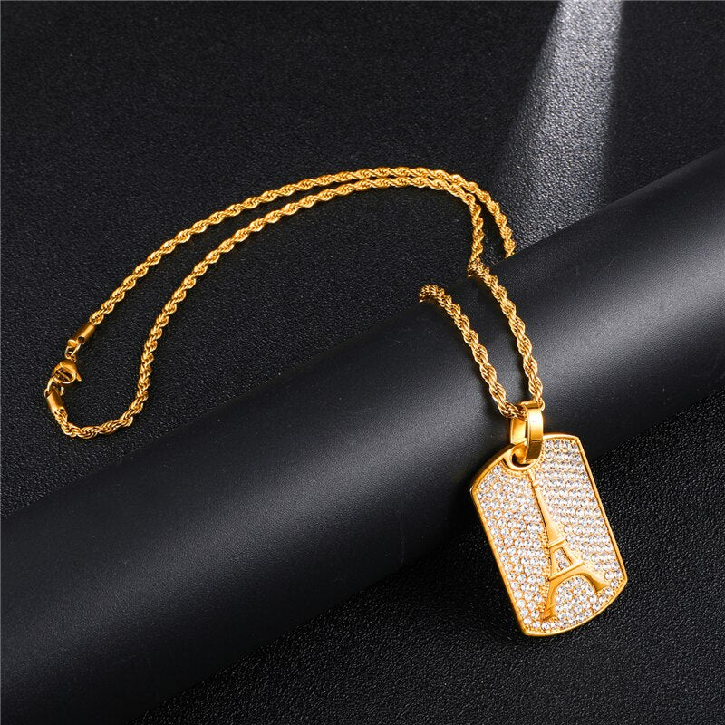 Rhinestone-Studded Eiffel Tower Bling 316L Stainless Steel Hip-hop Pendant Necklace-Necklaces-Innovato Design-Innovato Design