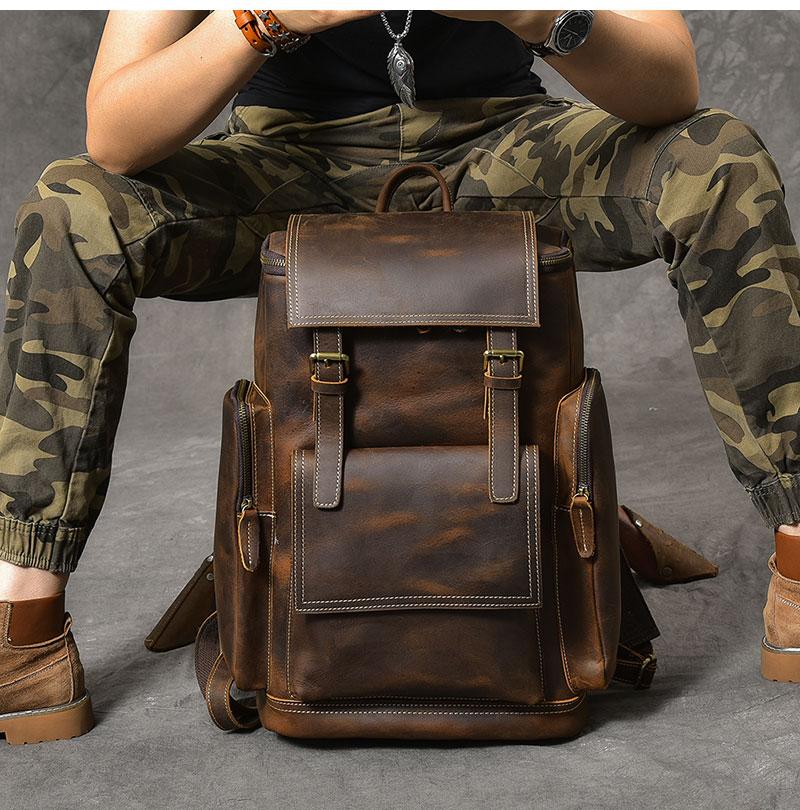 Retro Brown Leather Travel Backpack 36 to 55 Litre for Men-Canvas and Leather Backpack-Innovato Design-Innovato Design