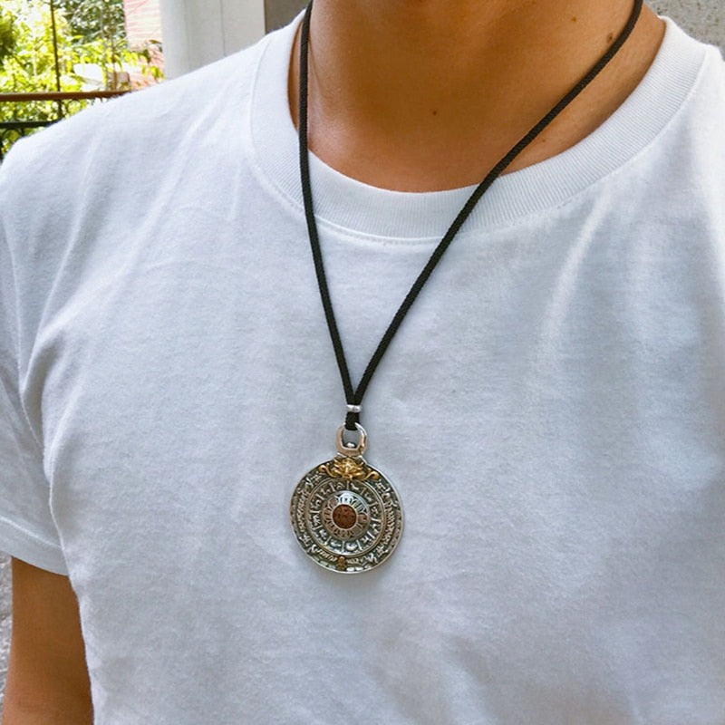 Round Chinese Zodiac Signs 925 Sterling Silver Vintage Pendant Necklace-Gothic Necklaces-Innovato Design-Adjustable Black Rope-Innovato Design