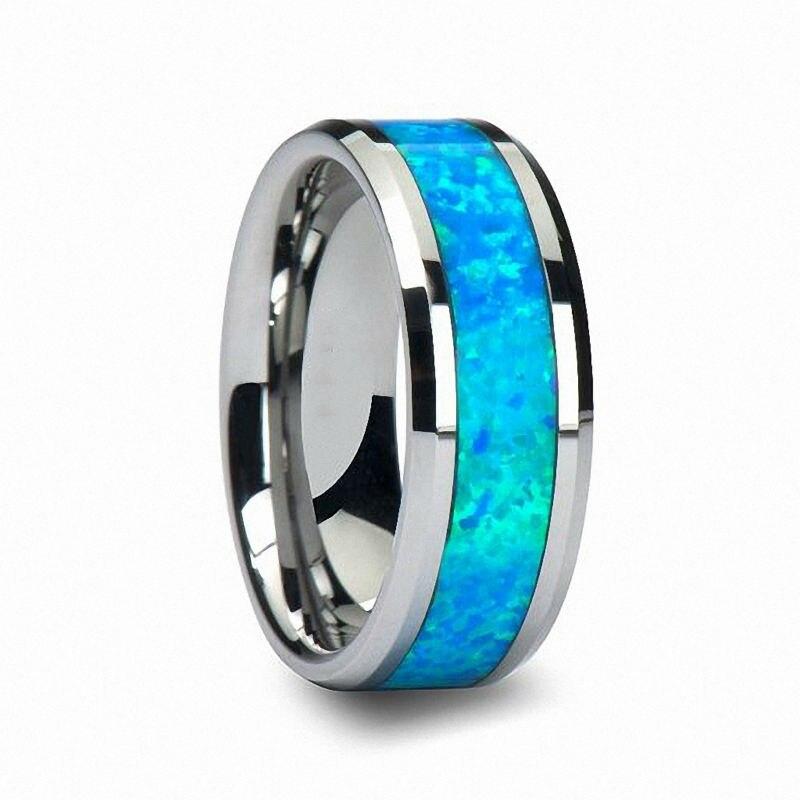Tungsten Rings with Hawaiian Blue Opal Inlay and Beveled Edge-Rings-Innovato Design-5-6mm-Innovato Design