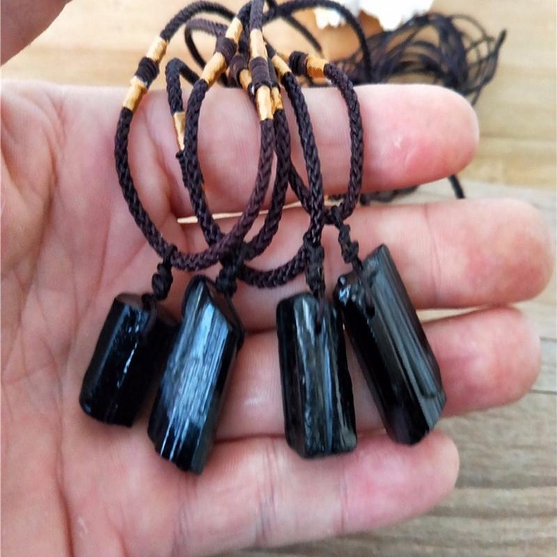 Natural Raw Black Tourmaline Stone Pendant and Rope Necklace-Necklaces-Innovato Design-Innovato Design