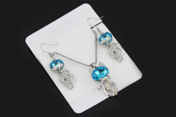 Austrian Crystal Cat Necklace & Earrings Fashion Jewelry Set-Jewelry Sets-Innovato Design-Ocean Blue-Innovato Design