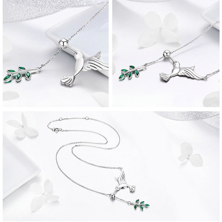 Hummingbird and Olive Branch 925 Sterling Silver Fashion Pendant Necklace-Necklaces-Innovato Design-Innovato Design