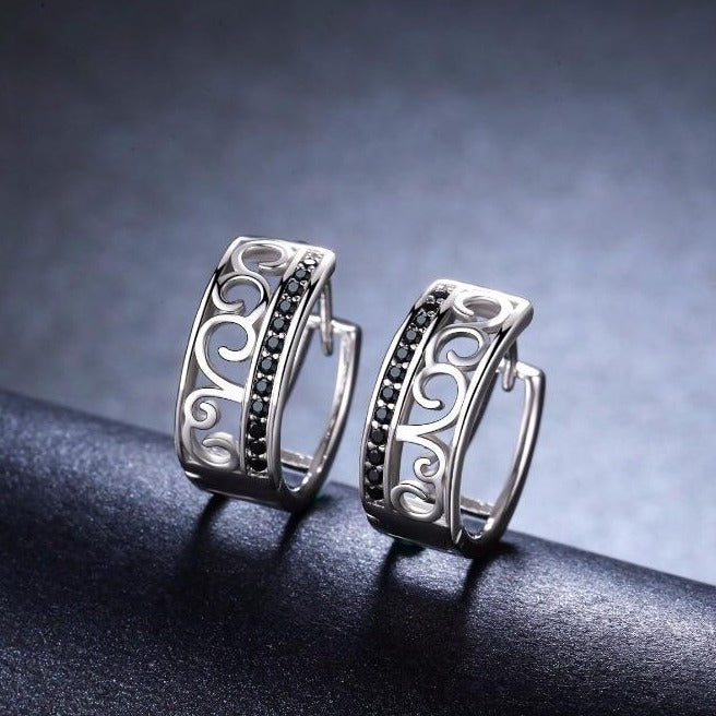 Black Spinel 925 Sterling Silver Engagement Hoop Earrings-Earrings-Innovato Design-Innovato Design