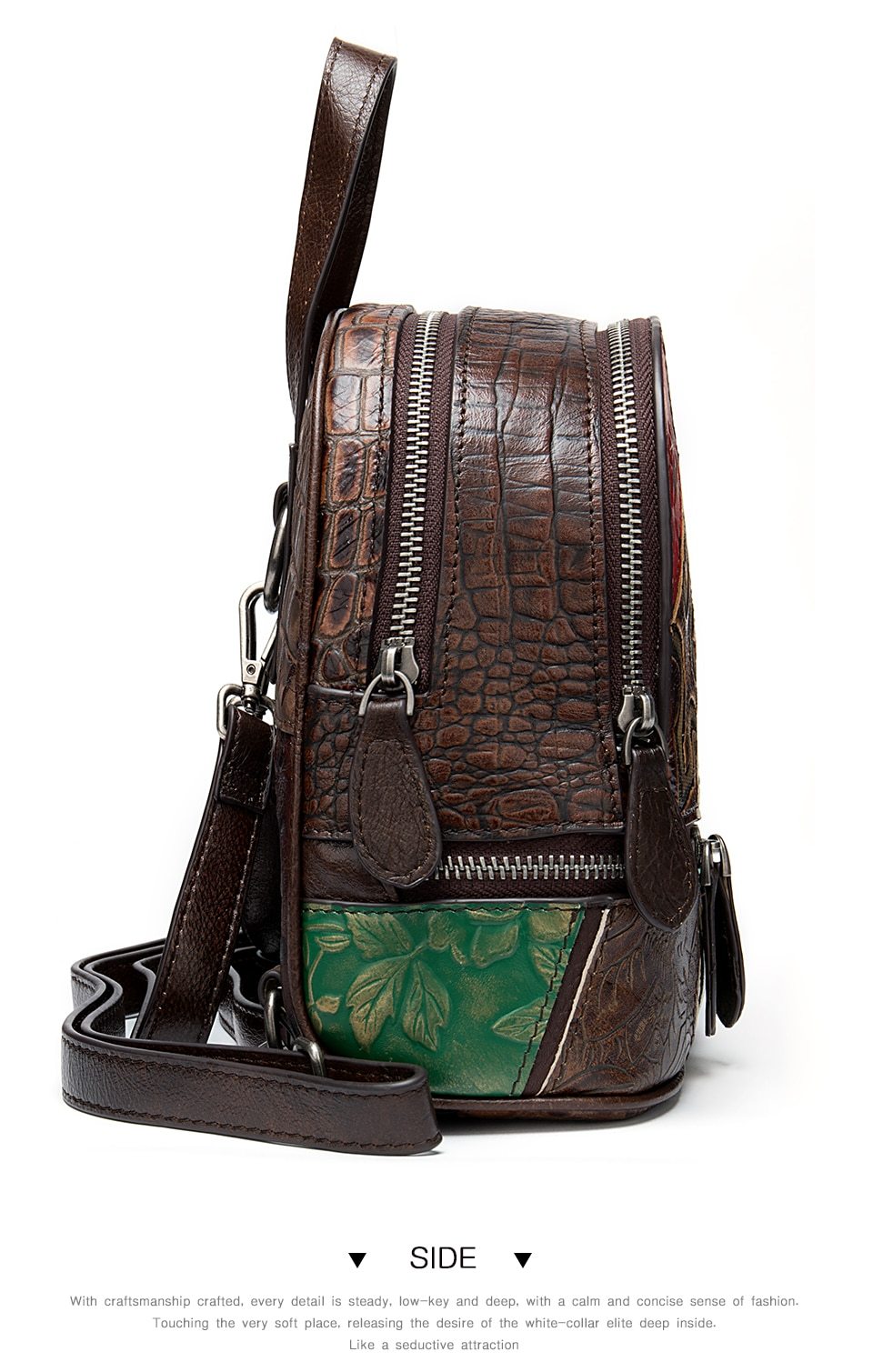 Mini Backpack with Embossed Floral Patterns on Leather Patchwork Design-Leather Backpacks-Innovato Design-Innovato Design