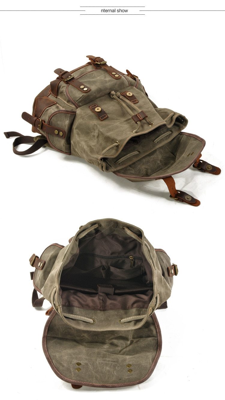 Vintage Canvas Leather Mountaineering Travel 20 to 35 Liter Backpack for Men-Canvas and Leather Backpack-Innovato Design-Army Green-Innovato Design