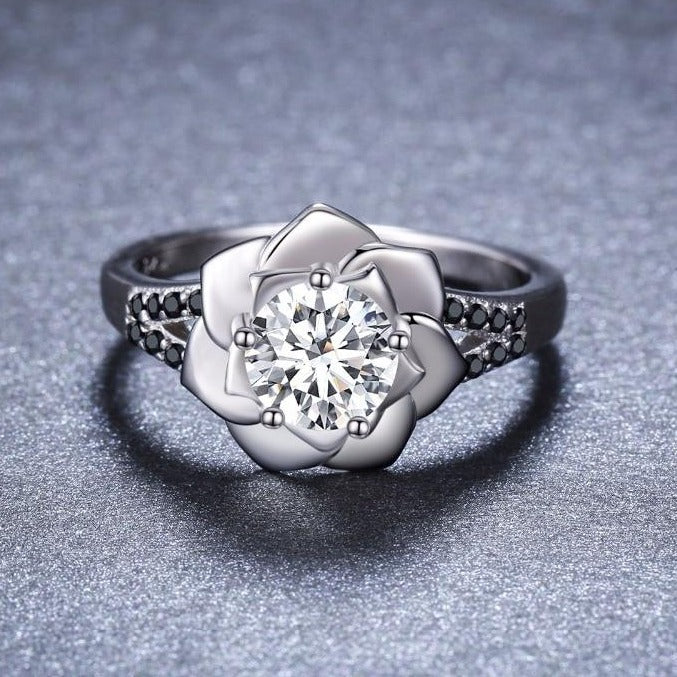 Cubic Zirconia Flower and Black Spinel Stones 925 Sterling Silver Fine Engagement Ring-Rings-Innovato Design-6-Innovato Design