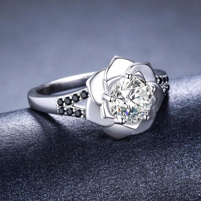 Cubic Zirconia Flower and Black Spinel Stones 925 Sterling Silver Fine Engagement Ring-Rings-Innovato Design-6-Innovato Design