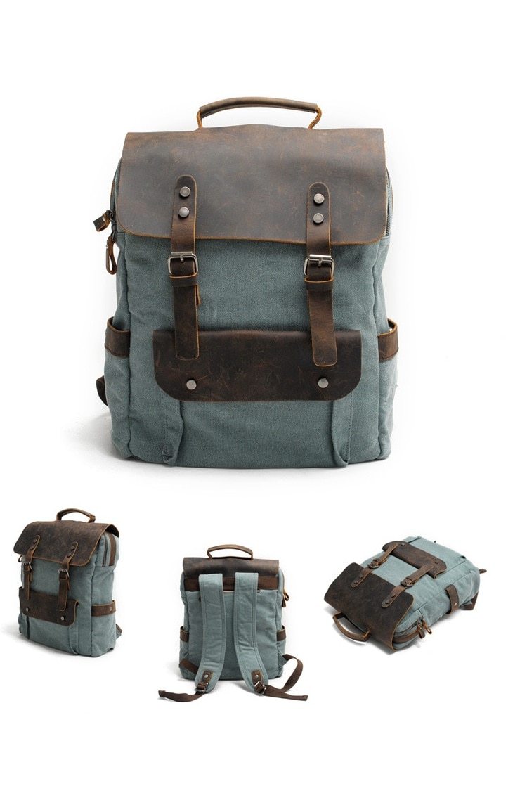 Large Canvas Leather Waterproof 14 Inch 20 Liter Backpack-Canvas and Leather Backpack-Innovato Design-Black-Innovato Design