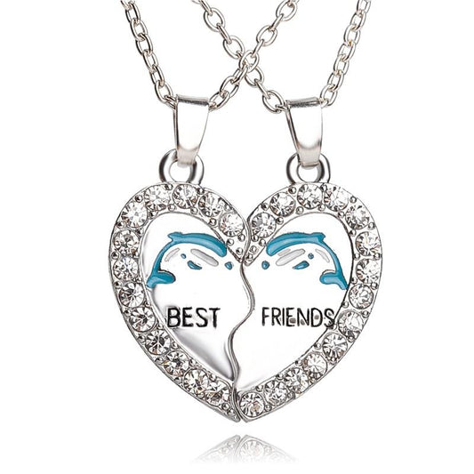 2-Piece Best Friends Heart Crystal Necklace with Dolphin Design - InnovatoDesign