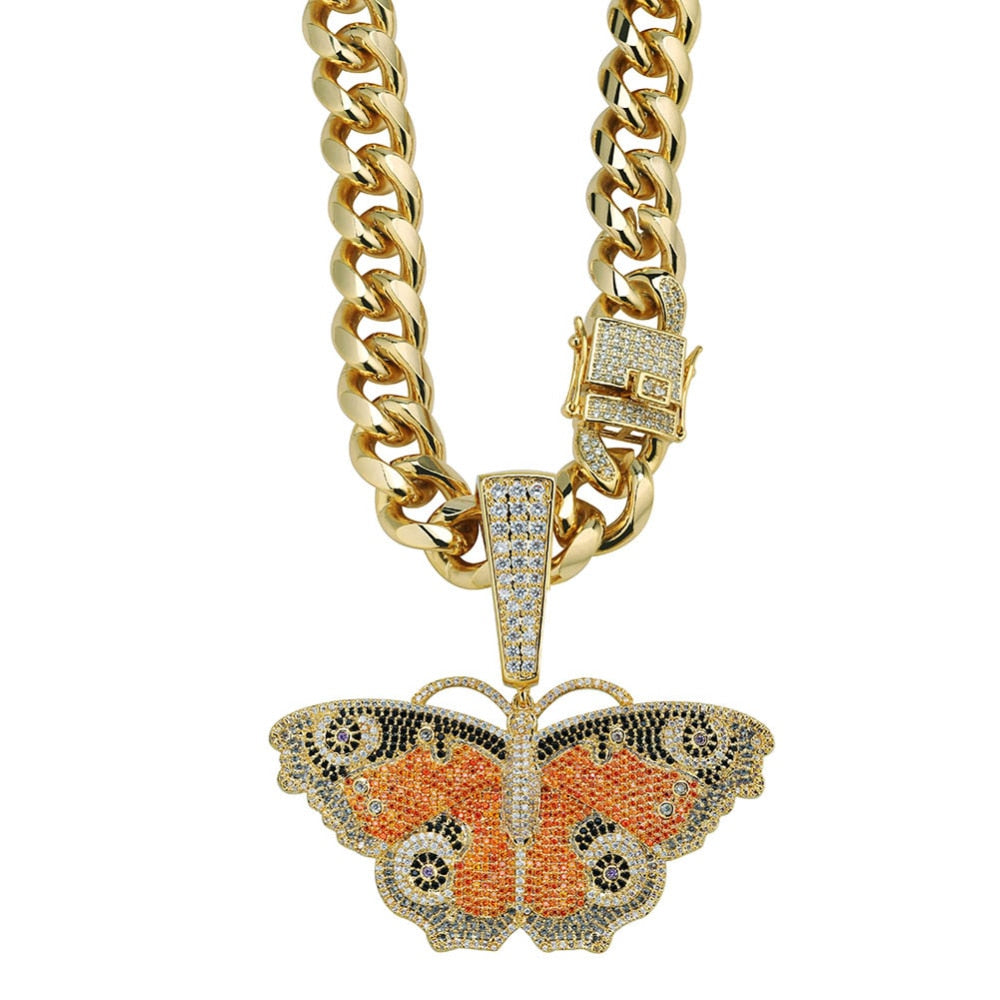 Butterfly Micro Paved Cubic Zirconia Stainless Steel Hip-Hop Pendant Necklace-Necklace-Innovato Design-Gold Silver-18-Innovato Design