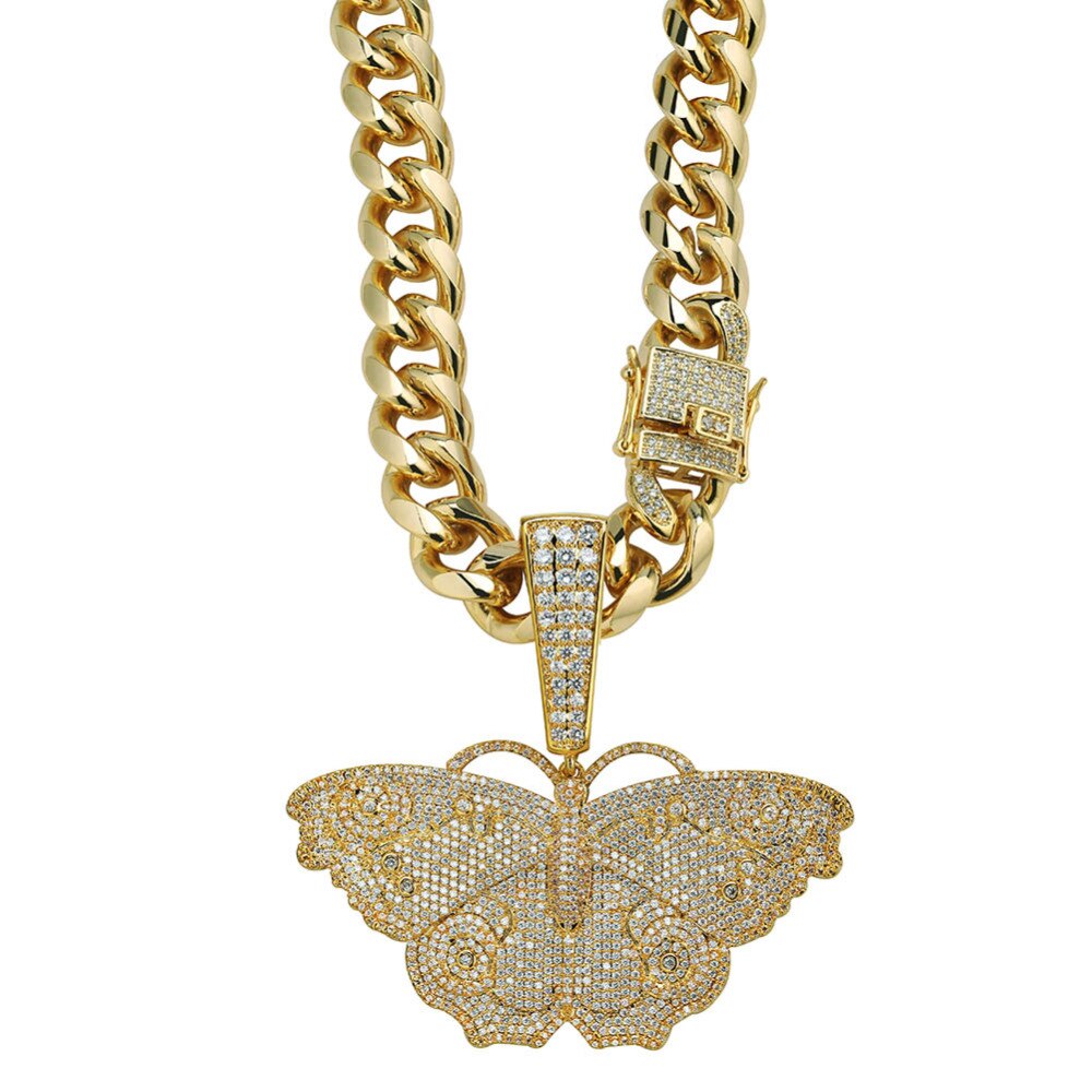 Butterfly Micro Paved Cubic Zirconia Stainless Steel Hip-Hop Pendant Necklace-Necklace-Innovato Design-Gold-18-Innovato Design