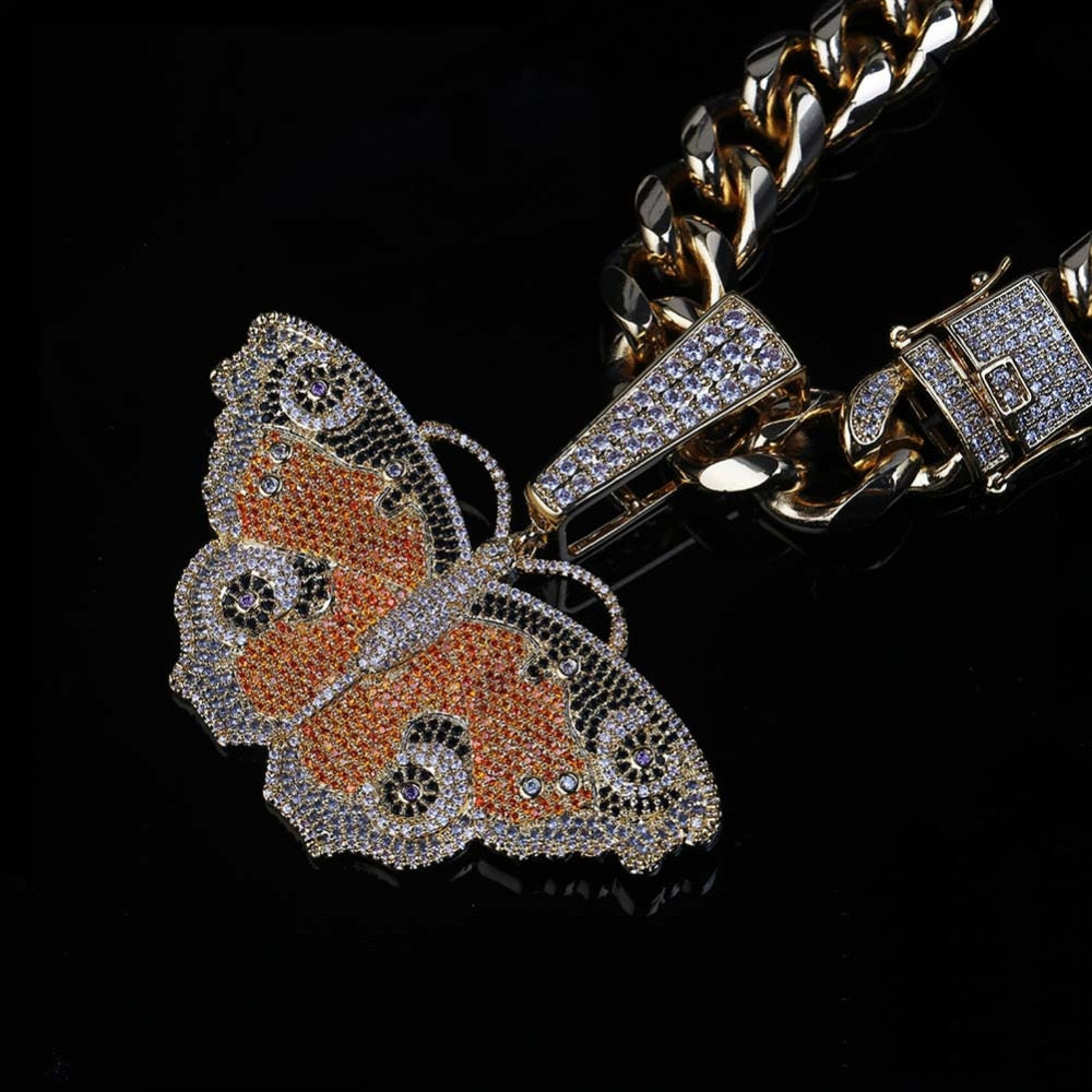Butterfly Micro Paved Cubic Zirconia Stainless Steel Hip-Hop Pendant Necklace-Necklace-Innovato Design-Gold-18-Innovato Design