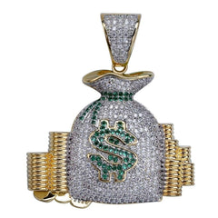 US Dollars Money Bag Paved Cubic Zirconia Stainless Steel Hip-Hop Pendant Necklace