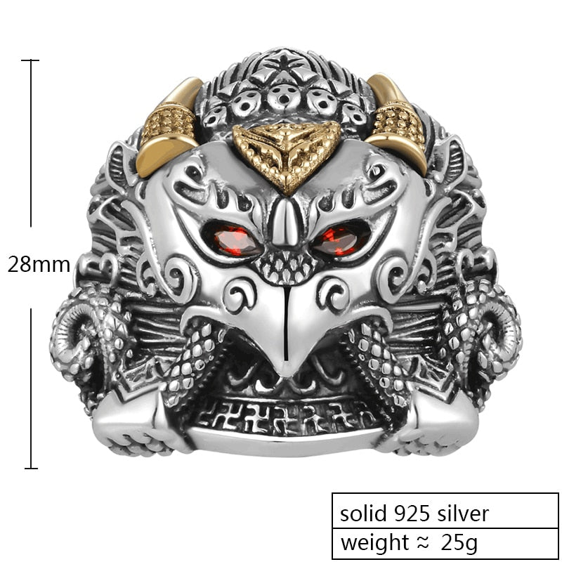 Buddha Garuda Mythical Bird Red Cubic Zirconia Eyes 925 Sterling Silver Adjustable Biker Ring-Rings-Innovato Design-Innovato Design