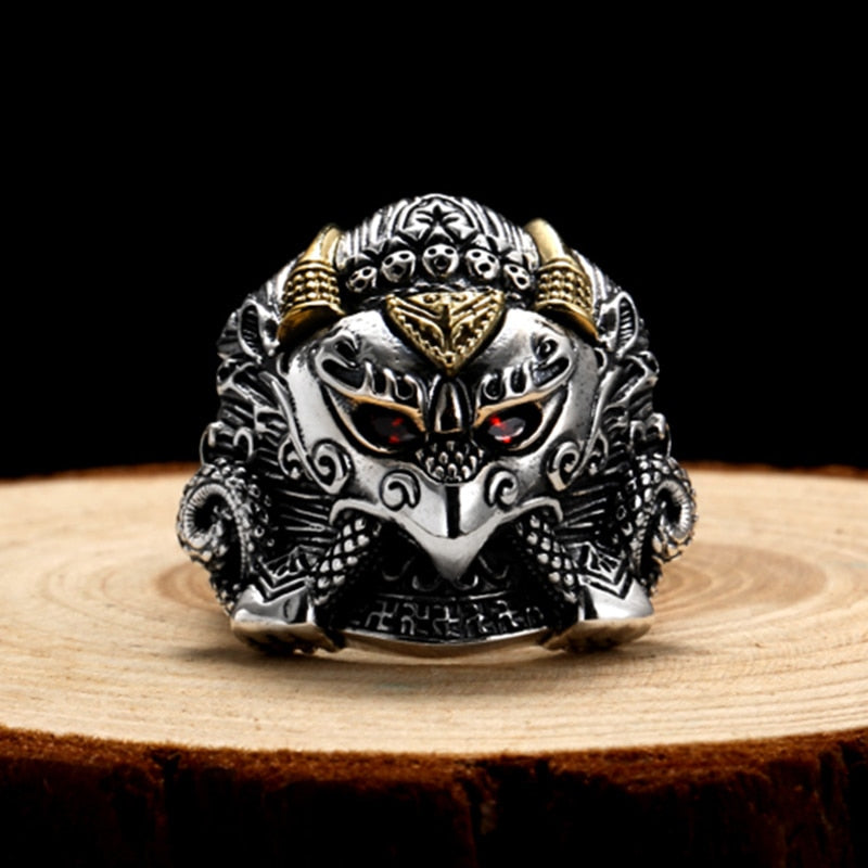 Buddha Garuda Mythical Bird Red Cubic Zirconia Eyes 925 Sterling Silver Adjustable Biker Ring-Rings-Innovato Design-Innovato Design