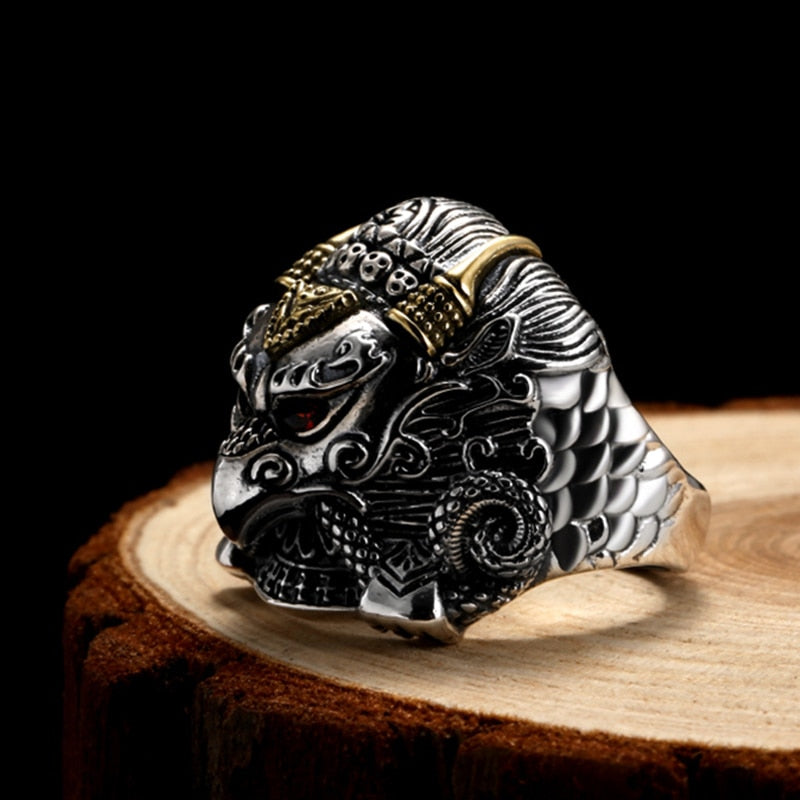 Buddha Garuda Mythical Bird Red Cubic Zirconia Eyes 925 Sterling Silver Adjustable Biker Ring-Rings-Innovato Design-Innovato Design