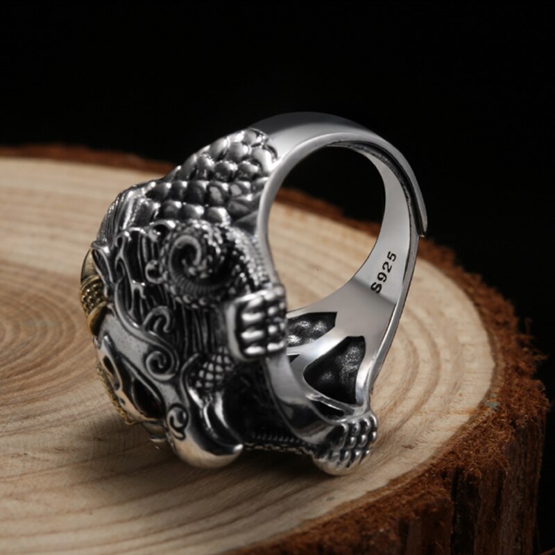 Buddha Garuda Mythical Bird Red Cubic Zirconia Eyes 925 Sterling Silver Adjustable Biker Ring-Rings-Innovato Design-Innovato Design