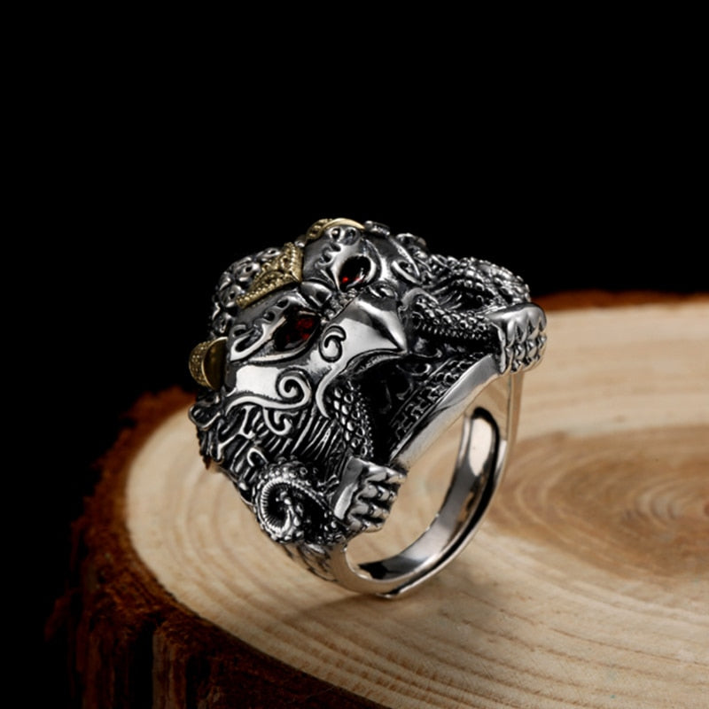 Buddha Garuda Mythical Bird Red Cubic Zirconia Eyes 925 Sterling Silver Adjustable Biker Ring-Rings-Innovato Design-Innovato Design