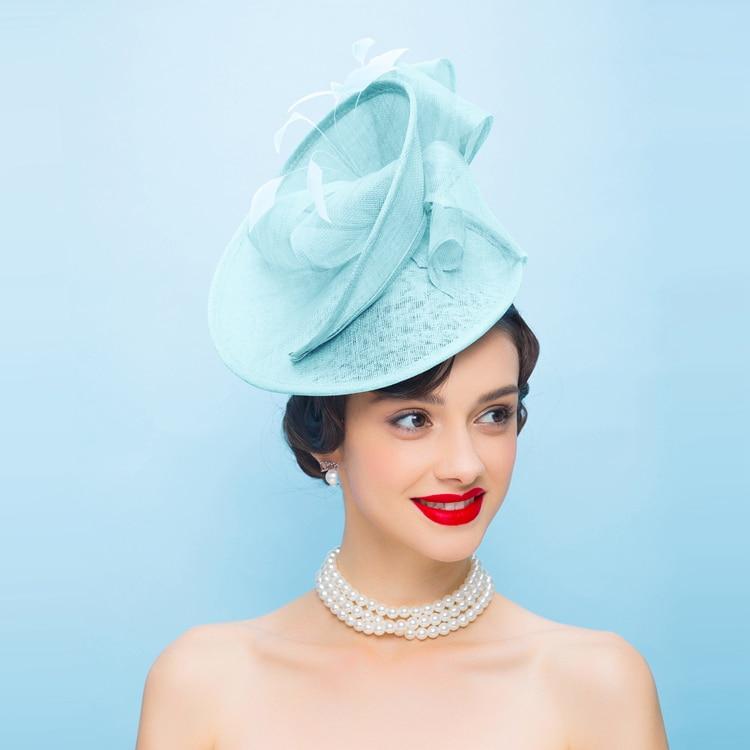 Vintage Flower Headband Sinamay Pillbox Fascinator Hat with Feathers-Hats-Innovato Design-Blue-Innovato Design