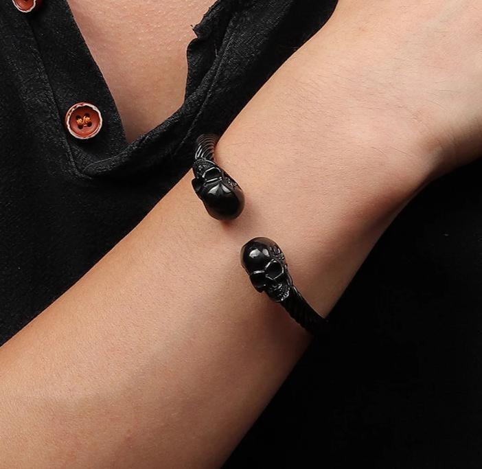 Black/Silver Stainless Steel Skull Bangle Bracelet-Skull Bracelet-Innovato Design-Silver-Innovato Design