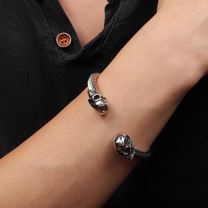 Black/Silver Stainless Steel Skull Bangle Bracelet-Skull Bracelet-Innovato Design-Silver-Innovato Design