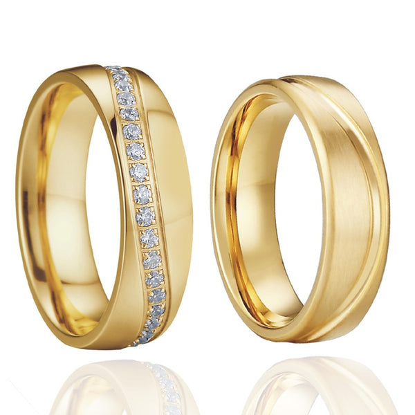 Cubic Zirconia and Gold-Plated Titanium Wedding Ring Set